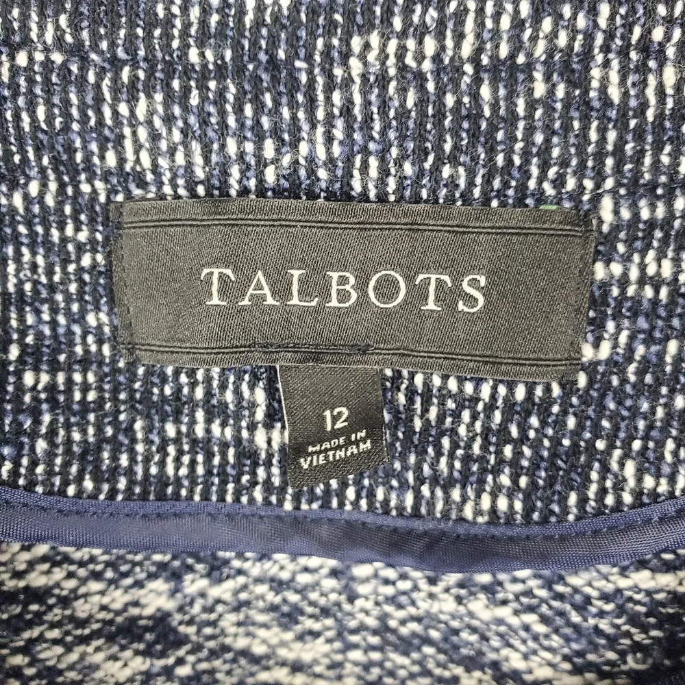 NWOT Talbots Womens Size 12 Navy Blue/White Tweed Zip Blazer Jacket
